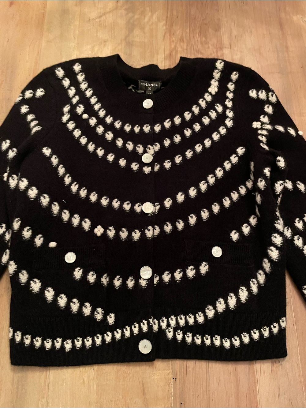 CHANEL Black and White Patterned Wool Cardigan with Signature Buttons